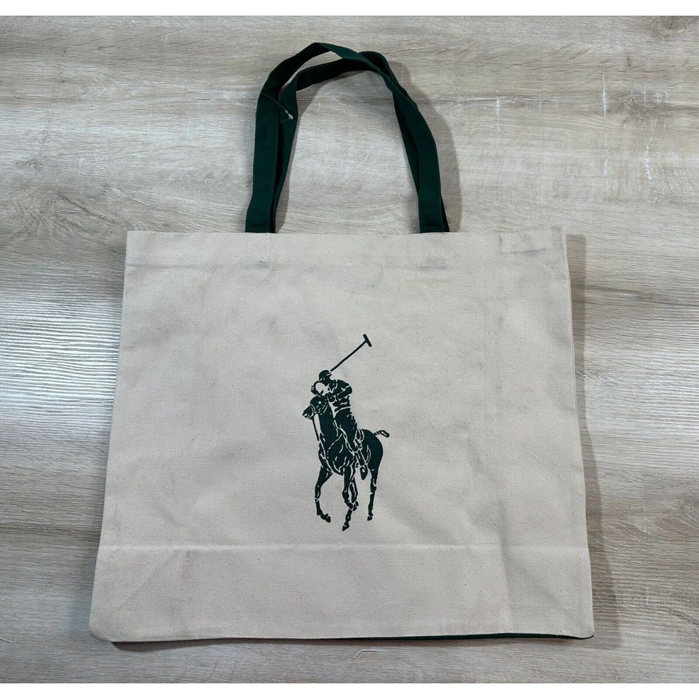 Polo RALPH LAUREN Womens Pony Convas Tote Bag Cream Green REUSABLE